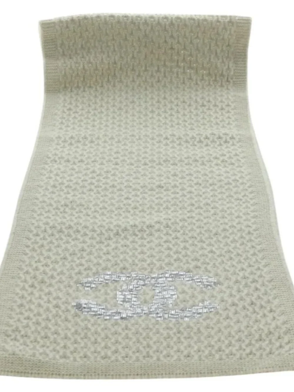CHANEL COCO Mark Scarf Cashmere Beige Silver CC Auth BA11371V